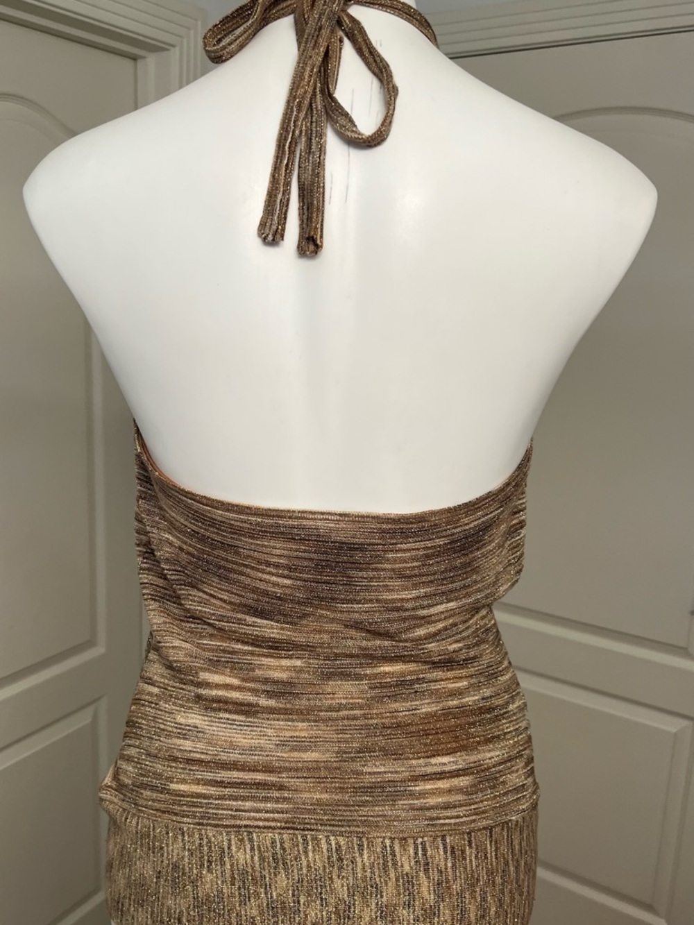 Cache Metallic Cowl V-Neck Halter Top in Brown and Gold - Picture 3 of 5